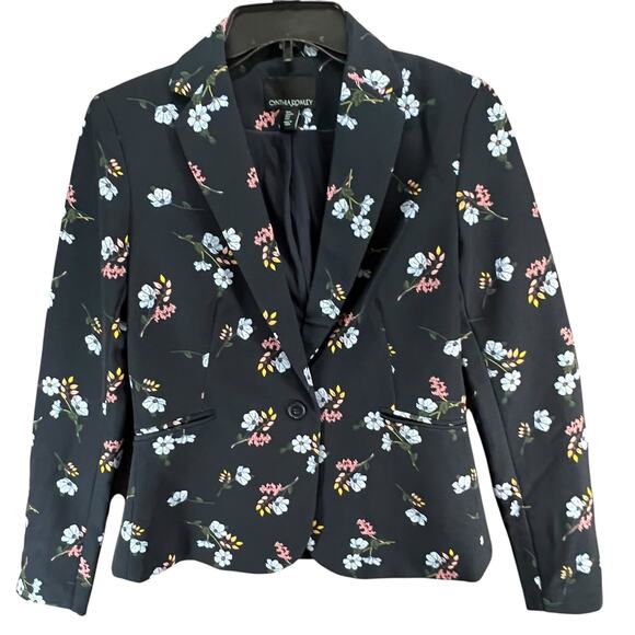 Cynthia Rowley Blazer Jacket S Blue Floral Stretch One Button Feminine Romantic - Picture 1 of 14